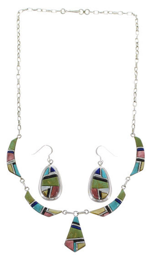 Southwest Multicolor Earrings And Link Necklace Set GS75439